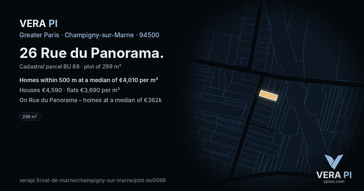26 Rue du Panorama, Champigny-sur-Marne at night – the plot lit, the parcels around coloured by the prices near them