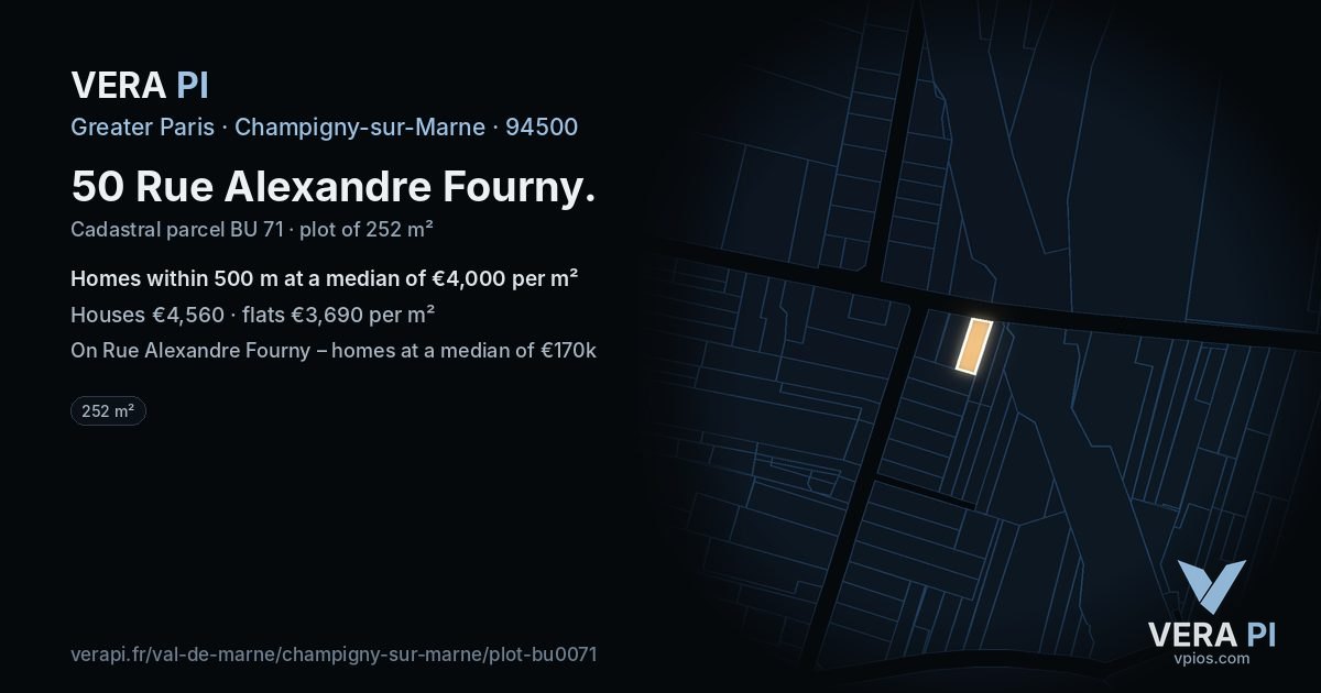 50 Rue Alexandre Fourny, Champigny-sur-Marne at night – the plot lit, the parcels around coloured by the prices near them