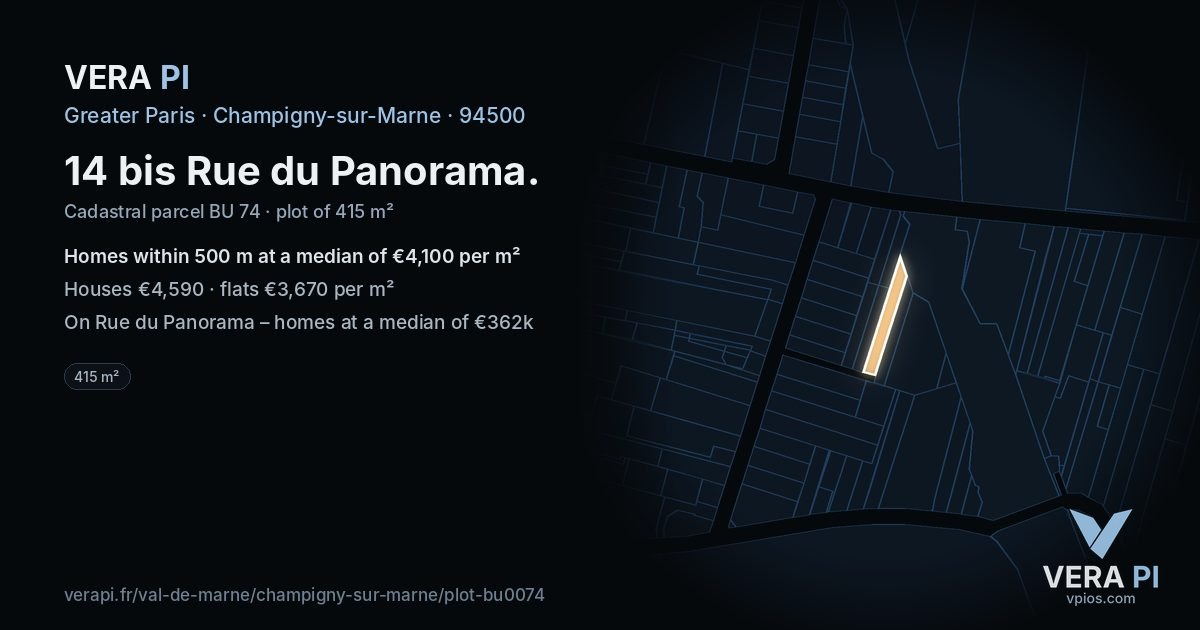 14 bis Rue du Panorama, Champigny-sur-Marne at night – the plot lit, the parcels around coloured by the prices near them