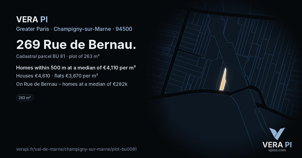 269 Rue de Bernau, Champigny-sur-Marne at night – the plot lit, the parcels around coloured by the prices near them