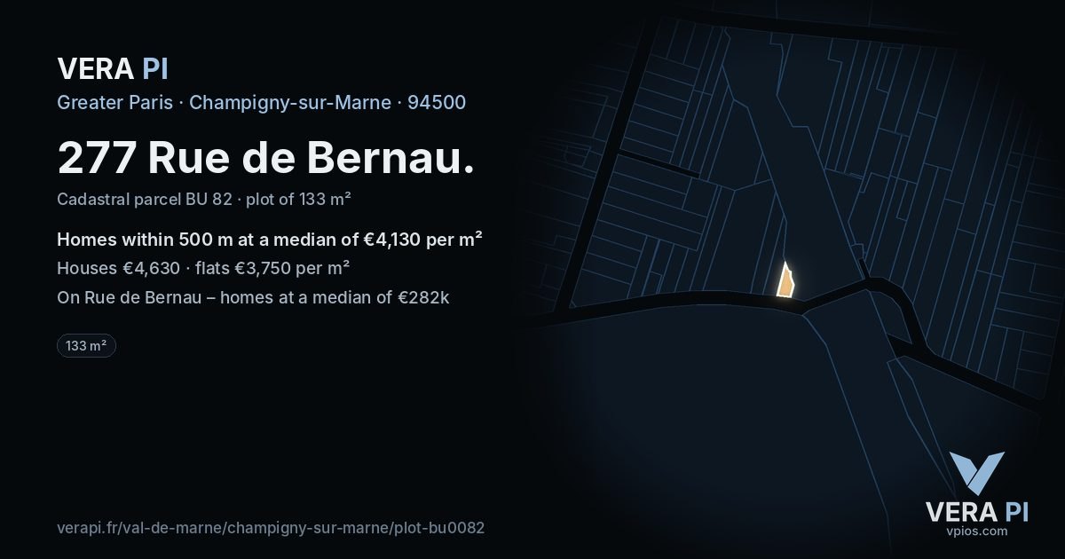 277 Rue de Bernau, Champigny-sur-Marne at night – the plot lit, the parcels around coloured by the prices near them