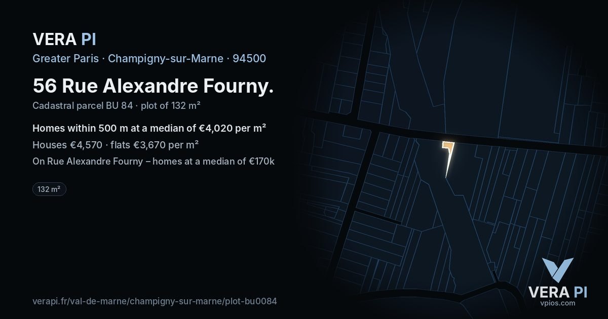 56 Rue Alexandre Fourny, Champigny-sur-Marne at night – the plot lit, the parcels around coloured by the prices near them