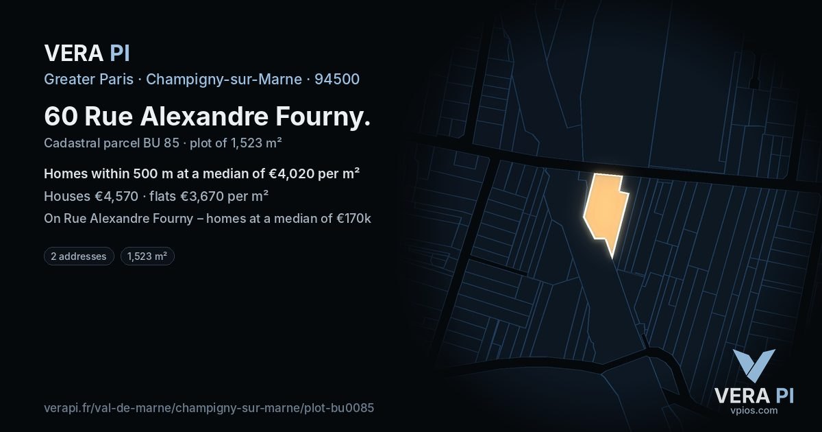 60 Rue Alexandre Fourny, Champigny-sur-Marne at night – the plot lit, the parcels around coloured by the prices near them
