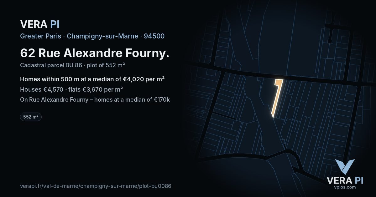 62 Rue Alexandre Fourny, Champigny-sur-Marne at night – the plot lit, the parcels around coloured by the prices near them