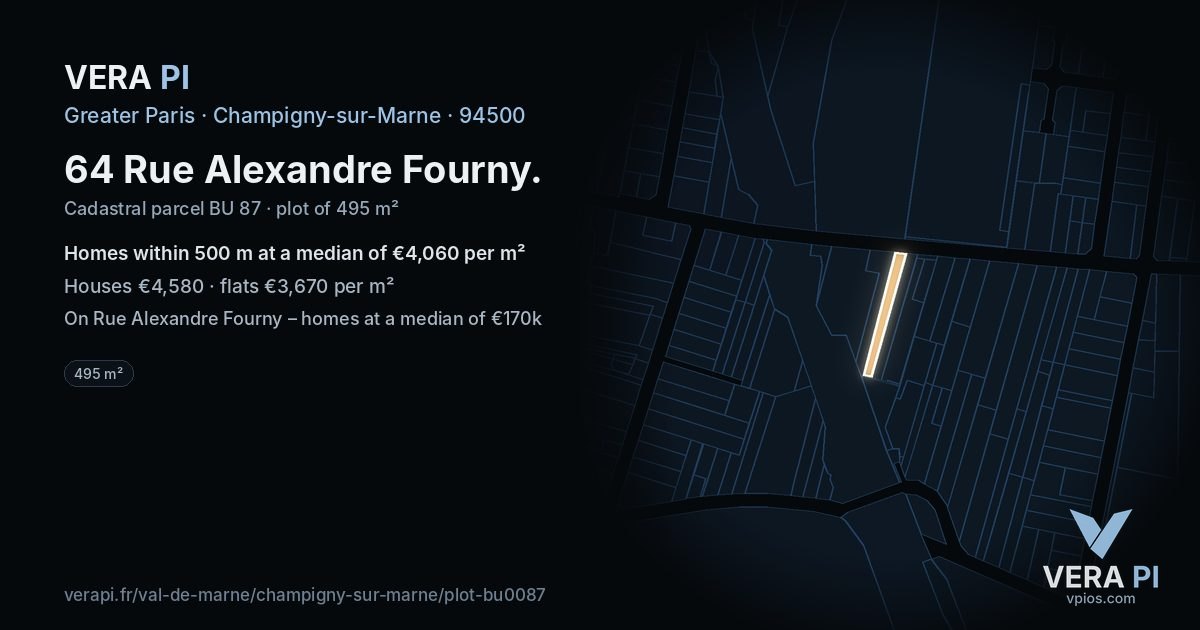 64 Rue Alexandre Fourny, Champigny-sur-Marne at night – the plot lit, the parcels around coloured by the prices near them