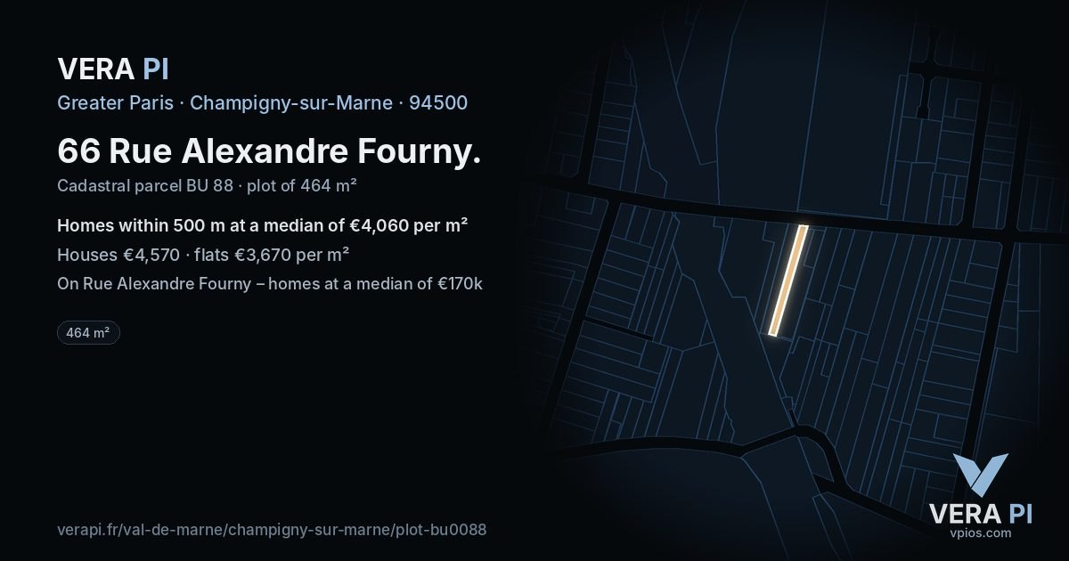 66 Rue Alexandre Fourny, Champigny-sur-Marne at night – the plot lit, the parcels around coloured by the prices near them