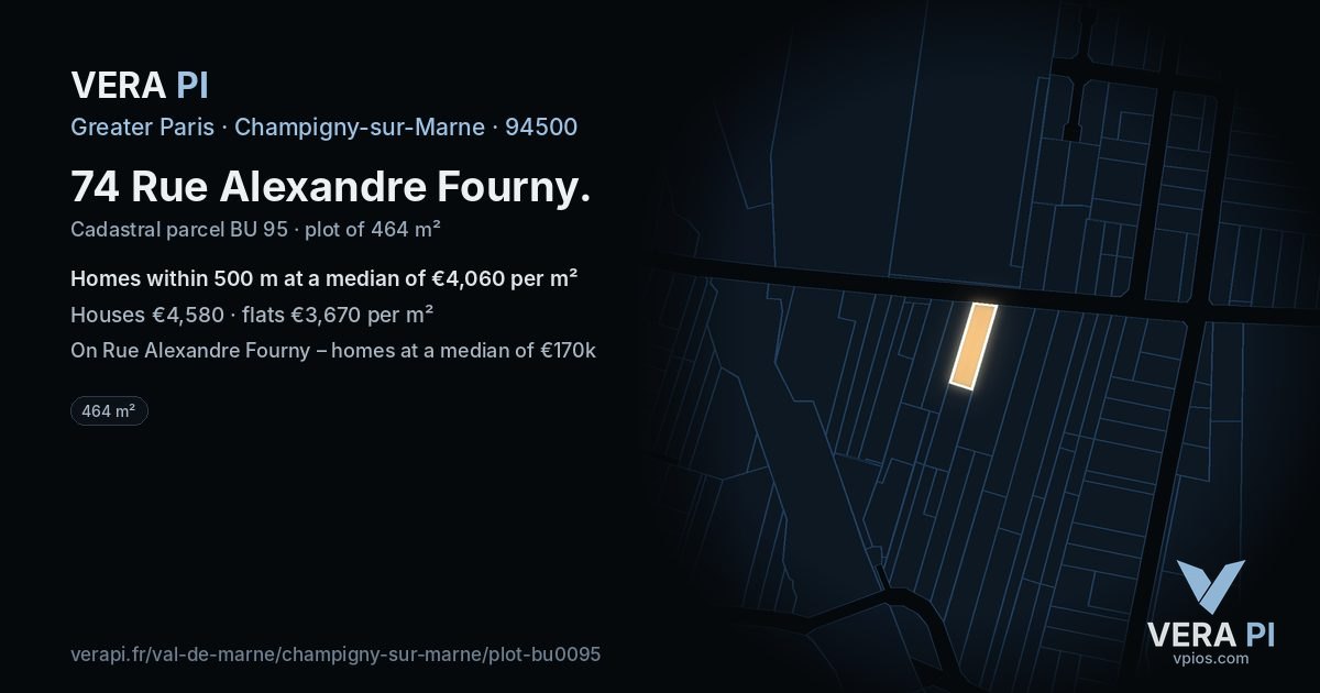 74 Rue Alexandre Fourny, Champigny-sur-Marne at night – the plot lit, the parcels around coloured by the prices near them
