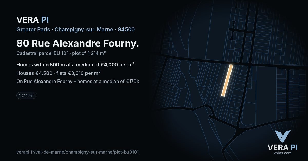 80 Rue Alexandre Fourny, Champigny-sur-Marne at night – the plot lit, the parcels around coloured by the prices near them