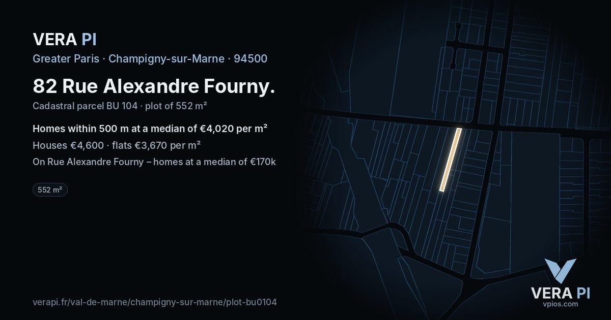 82 Rue Alexandre Fourny, Champigny-sur-Marne at night – the plot lit, the parcels around coloured by the prices near them