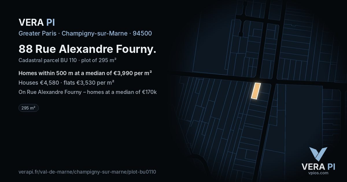 88 Rue Alexandre Fourny, Champigny-sur-Marne at night – the plot lit, the parcels around coloured by the prices near them