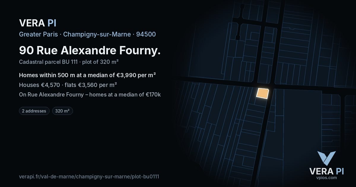 90 Rue Alexandre Fourny, Champigny-sur-Marne at night – the plot lit, the parcels around coloured by the prices near them
