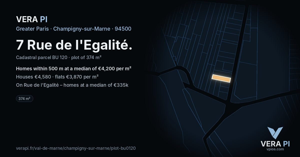 7 Rue de l'Egalité, Champigny-sur-Marne at night – the plot lit, the parcels around coloured by the prices near them