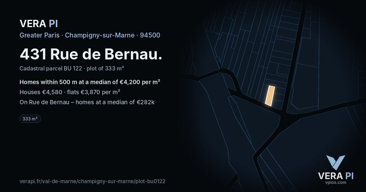 431 Rue de Bernau, Champigny-sur-Marne at night – the plot lit, the parcels around coloured by the prices near them