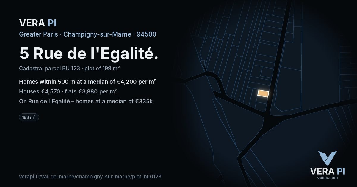 5 Rue de l'Egalité, Champigny-sur-Marne at night – the plot lit, the parcels around coloured by the prices near them