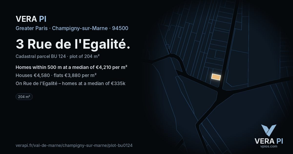 3 Rue de l'Egalité, Champigny-sur-Marne at night – the plot lit, the parcels around coloured by the prices near them
