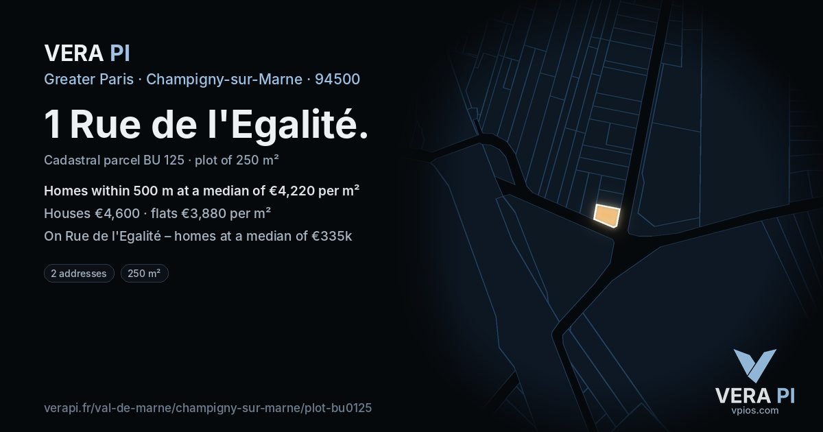 1 Rue de l'Egalité, Champigny-sur-Marne at night – the plot lit, the parcels around coloured by the prices near them