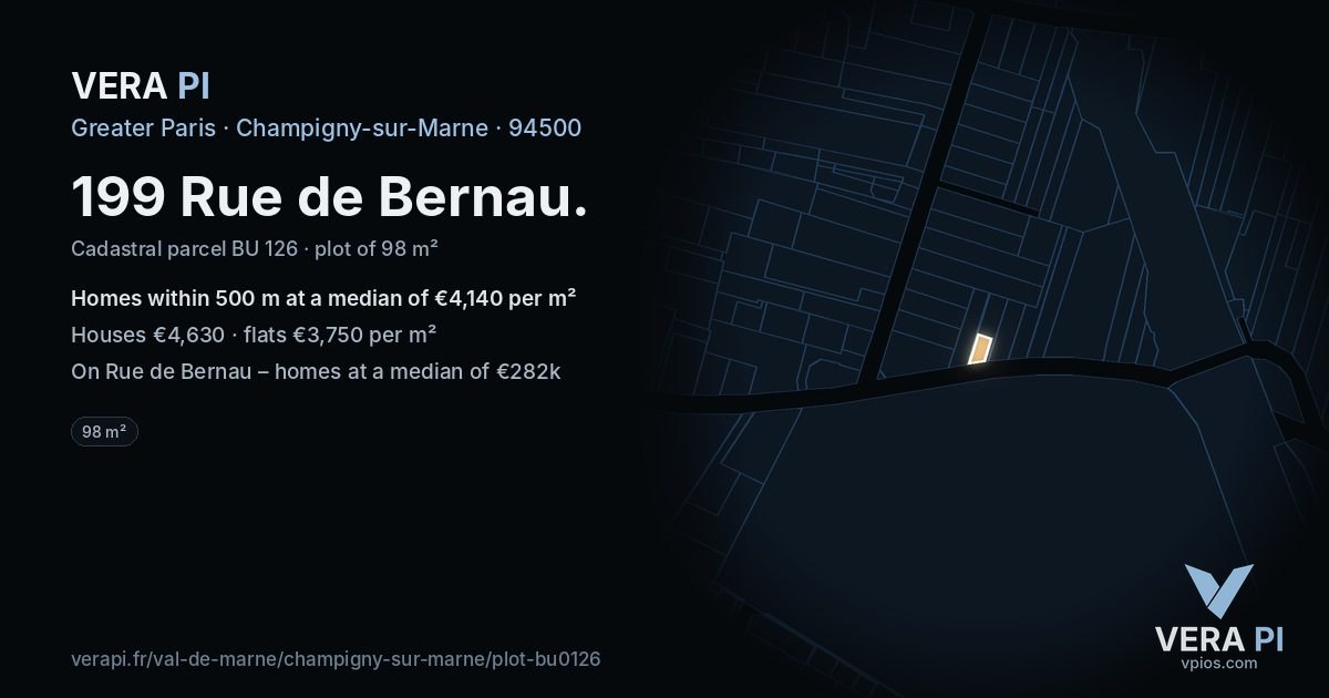 199 Rue de Bernau, Champigny-sur-Marne at night – the plot lit, the parcels around coloured by the prices near them
