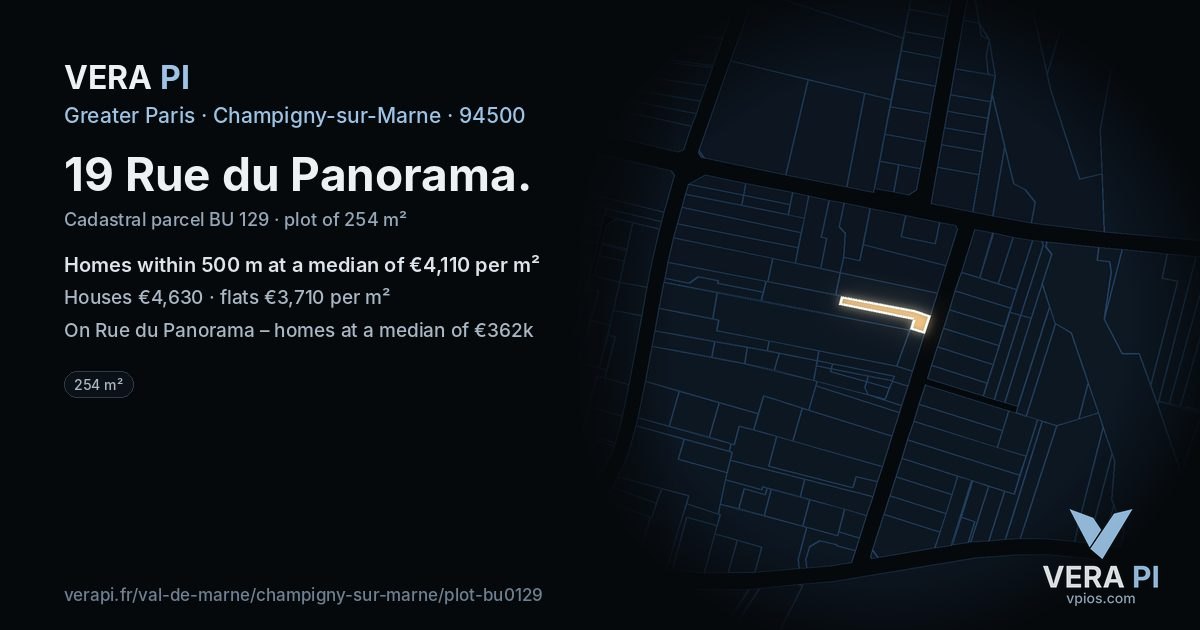 19 Rue du Panorama, Champigny-sur-Marne at night – the plot lit, the parcels around coloured by the prices near them