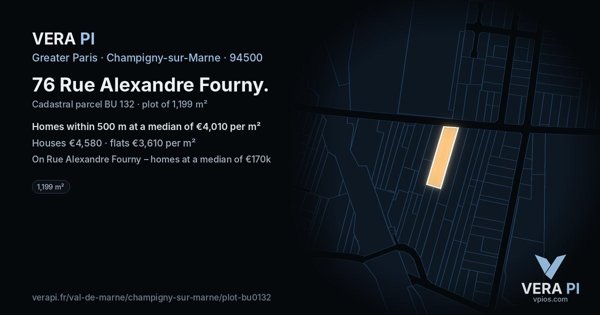 76 Rue Alexandre Fourny, Champigny-sur-Marne at night – the plot lit, the parcels around coloured by the prices near them