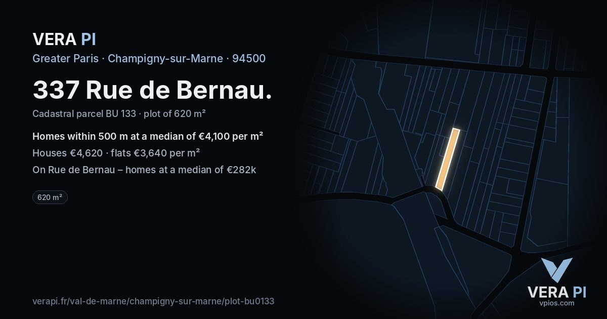 337 Rue de Bernau, Champigny-sur-Marne at night – the plot lit, the parcels around coloured by the prices near them