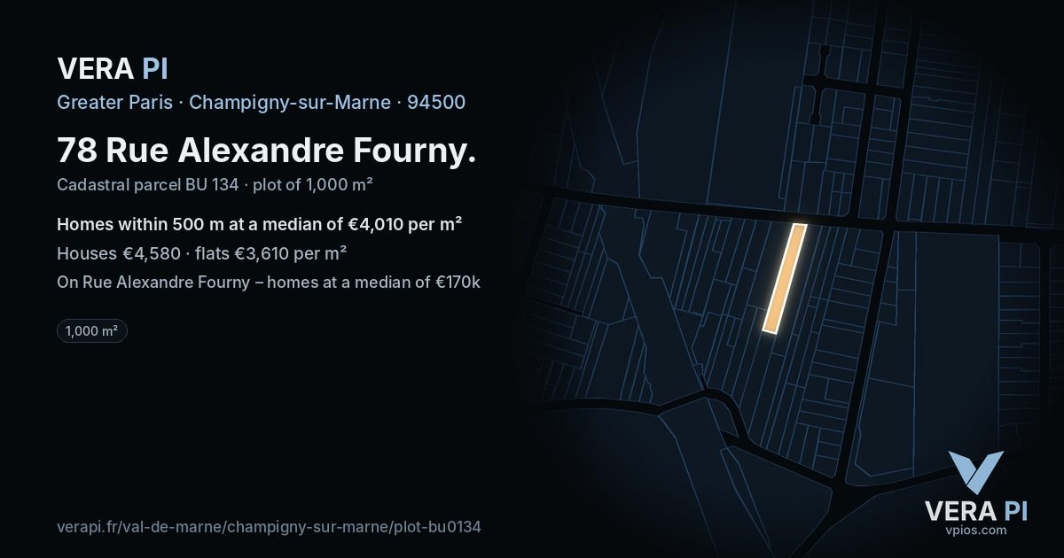 78 Rue Alexandre Fourny, Champigny-sur-Marne at night – the plot lit, the parcels around coloured by the prices near them
