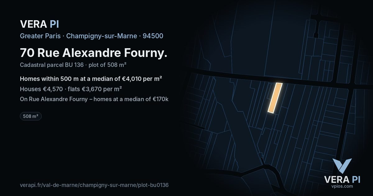 70 Rue Alexandre Fourny, Champigny-sur-Marne at night – the plot lit, the parcels around coloured by the prices near them