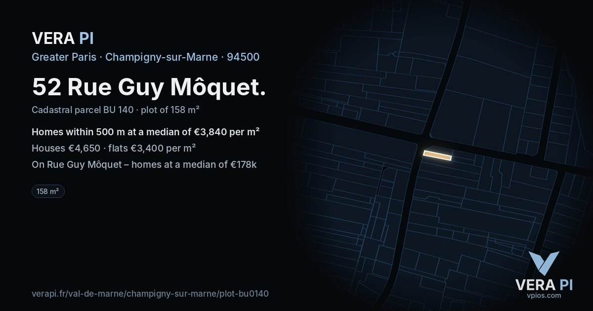 52 Rue Guy Môquet, Champigny-sur-Marne at night – the plot lit, the parcels around coloured by the prices near them