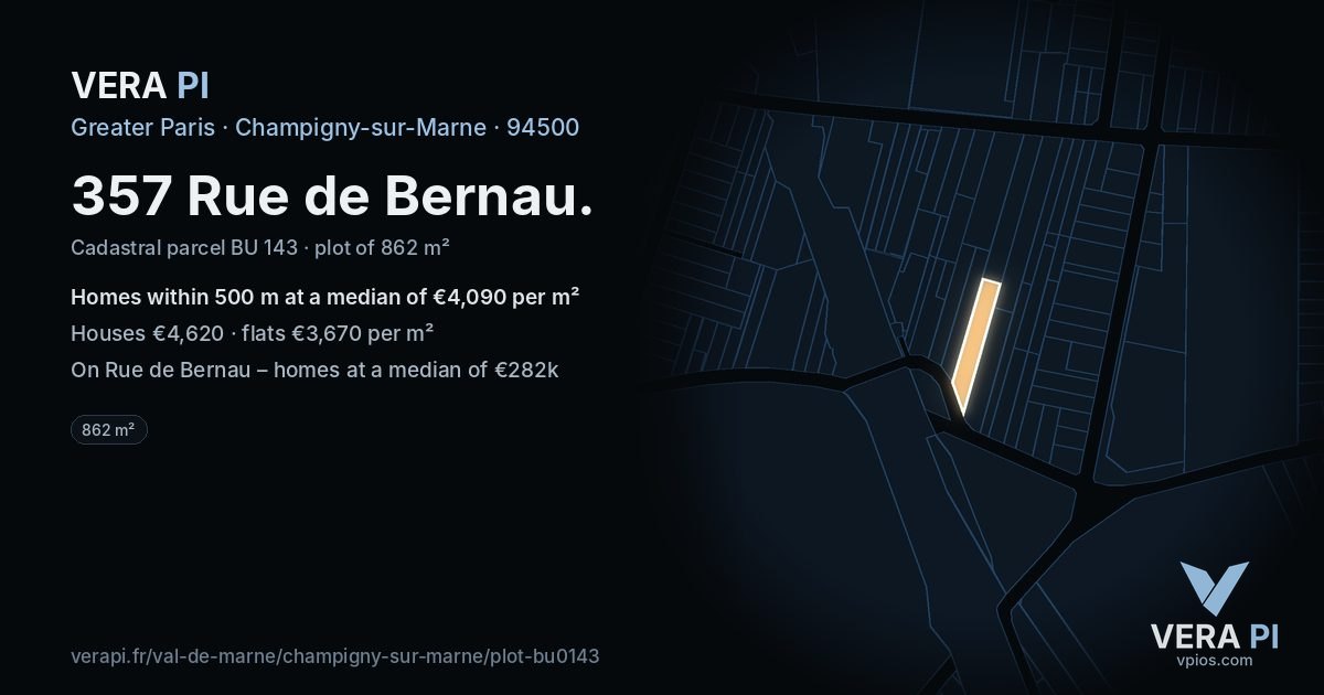 357 Rue de Bernau, Champigny-sur-Marne at night – the plot lit, the parcels around coloured by the prices near them