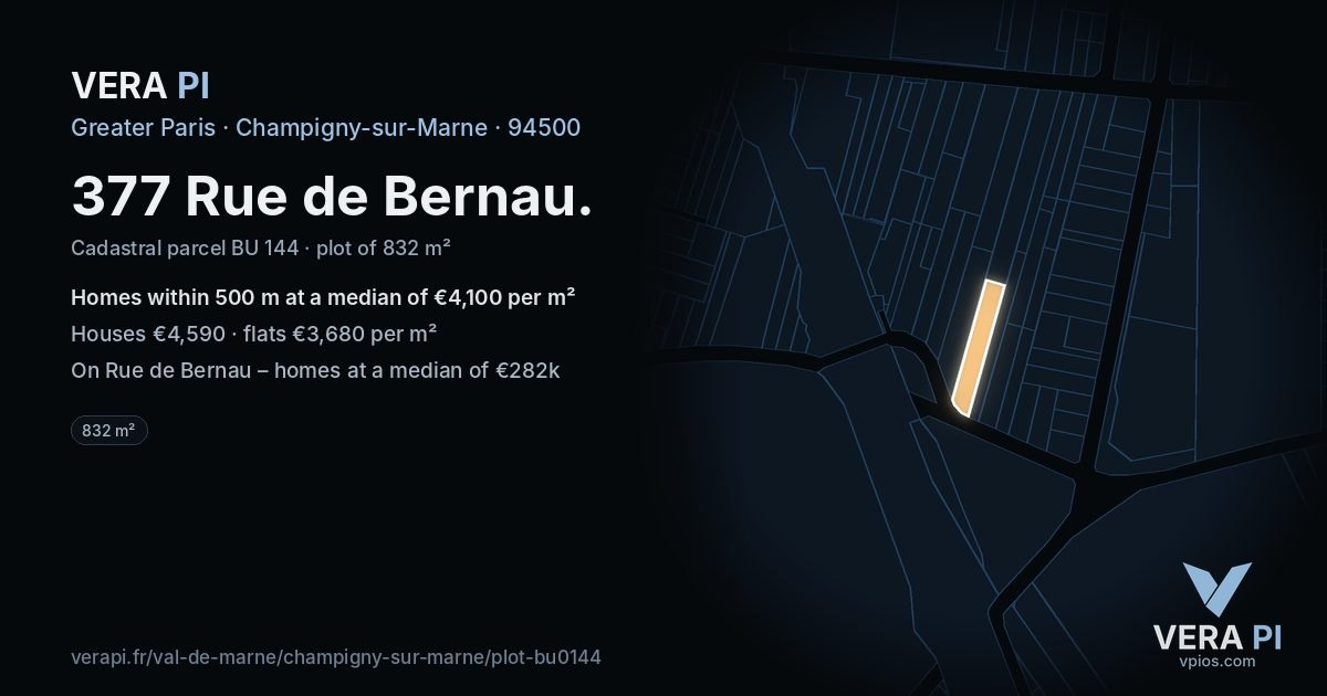 377 Rue de Bernau, Champigny-sur-Marne at night – the plot lit, the parcels around coloured by the prices near them
