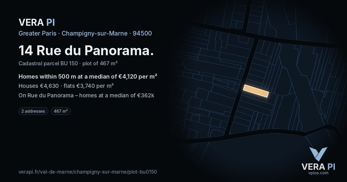 14 Rue du Panorama, Champigny-sur-Marne at night – the plot lit, the parcels around coloured by the prices near them