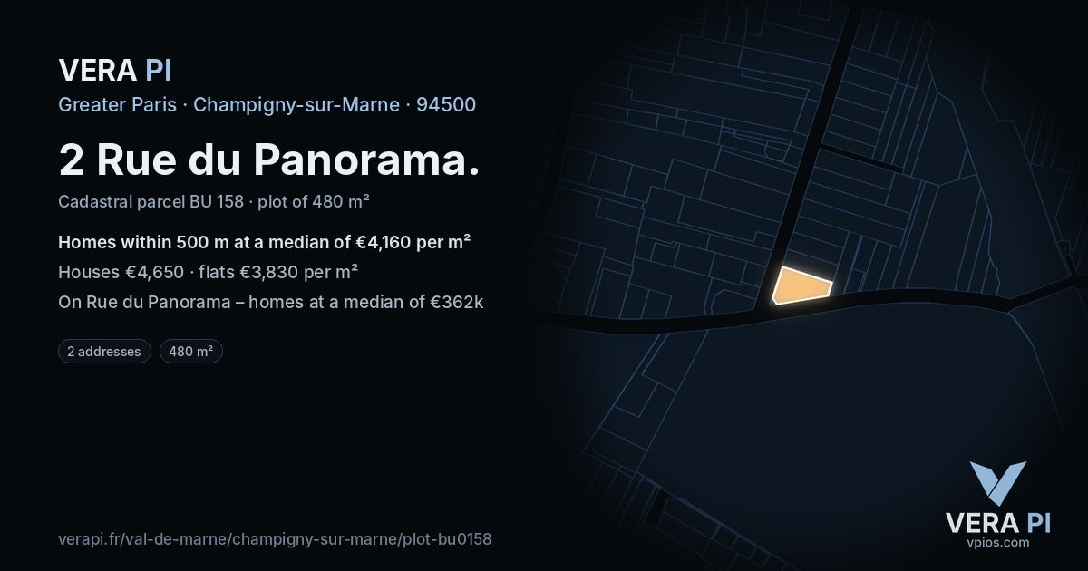 2 Rue du Panorama, Champigny-sur-Marne at night – the plot lit, the parcels around coloured by the prices near them