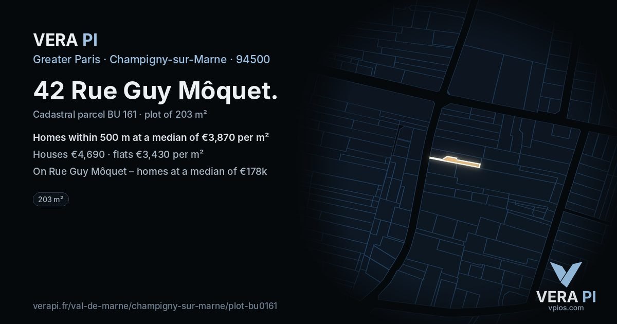 42 Rue Guy Môquet, Champigny-sur-Marne at night – the plot lit, the parcels around coloured by the prices near them