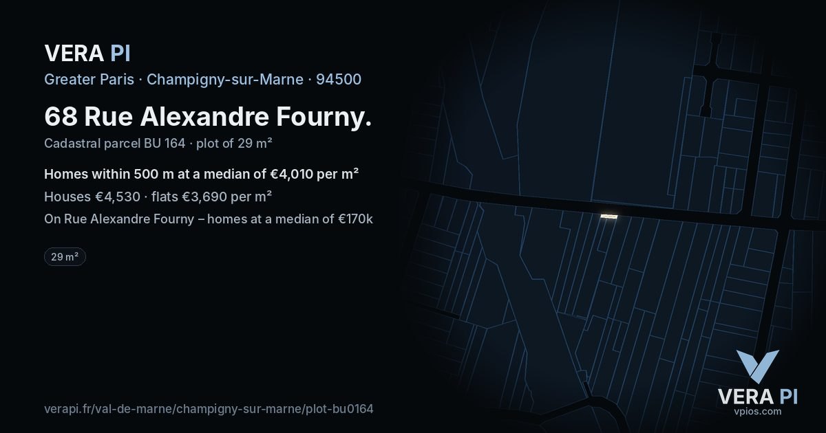 68 Rue Alexandre Fourny, Champigny-sur-Marne at night – the plot lit, the parcels around coloured by the prices near them