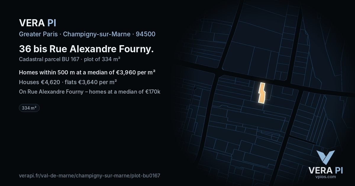 36 bis Rue Alexandre Fourny, Champigny-sur-Marne at night – the plot lit, the parcels around coloured by the prices near them