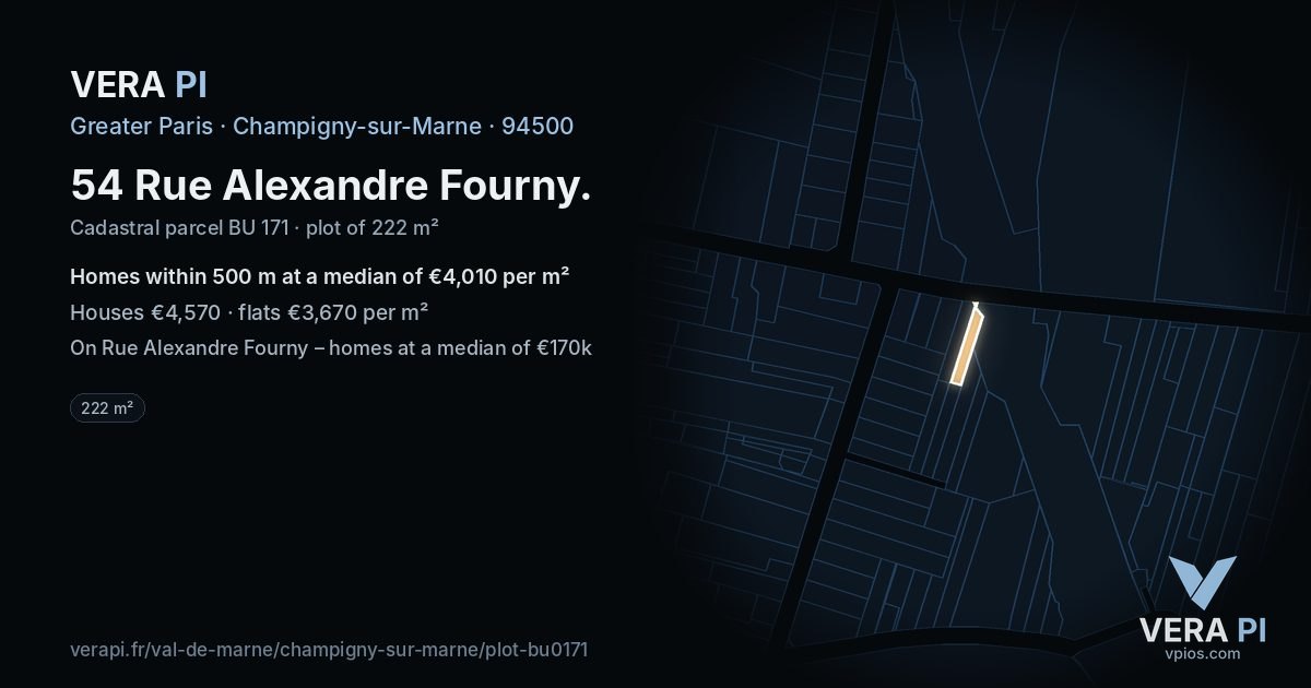 54 Rue Alexandre Fourny, Champigny-sur-Marne at night – the plot lit, the parcels around coloured by the prices near them