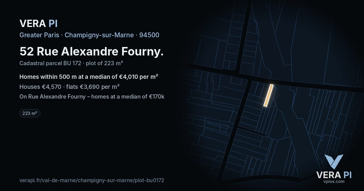 52 Rue Alexandre Fourny, Champigny-sur-Marne at night – the plot lit, the parcels around coloured by the prices near them