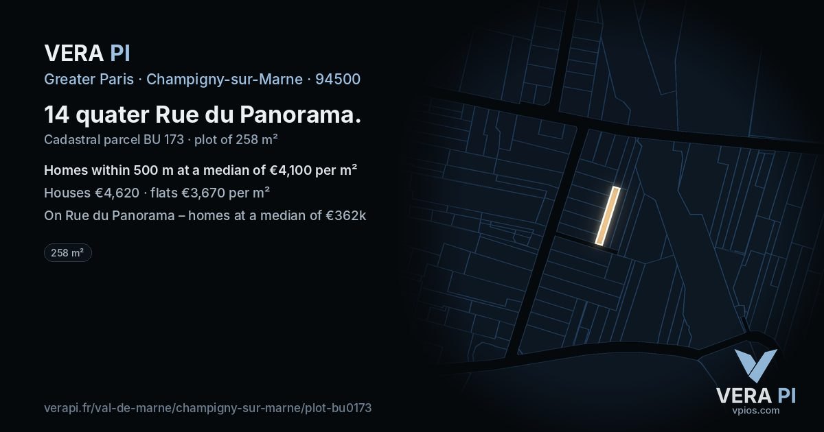 14 quater Rue du Panorama, Champigny-sur-Marne at night – the plot lit, the parcels around coloured by the prices near them
