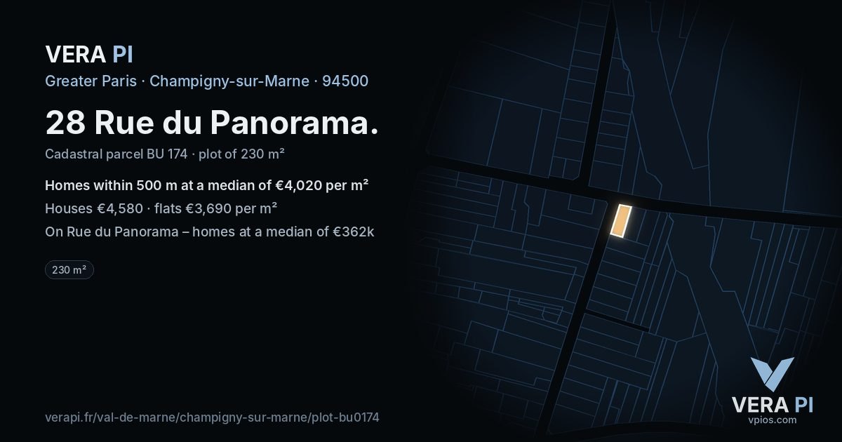 28 Rue du Panorama, Champigny-sur-Marne at night – the plot lit, the parcels around coloured by the prices near them