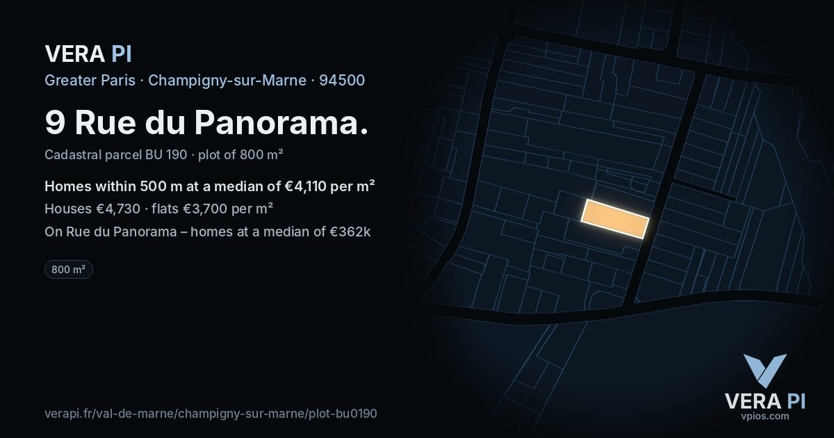 9 Rue du Panorama, Champigny-sur-Marne at night – the plot lit, the parcels around coloured by the prices near them