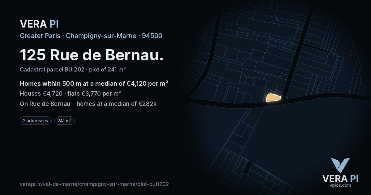 125 Rue de Bernau, Champigny-sur-Marne at night – the plot lit, the parcels around coloured by the prices near them