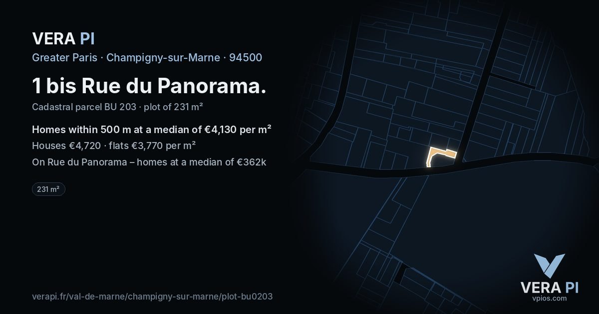 1 bis Rue du Panorama, Champigny-sur-Marne at night – the plot lit, the parcels around coloured by the prices near them