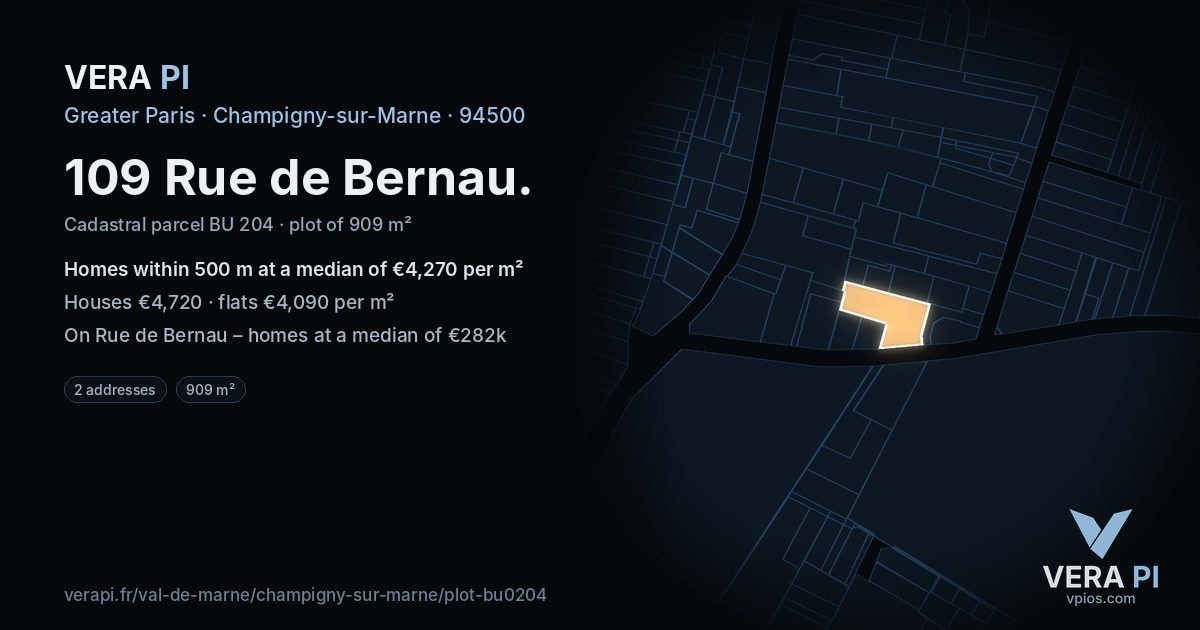 109 Rue de Bernau, Champigny-sur-Marne at night – the plot lit, the parcels around coloured by the prices near them