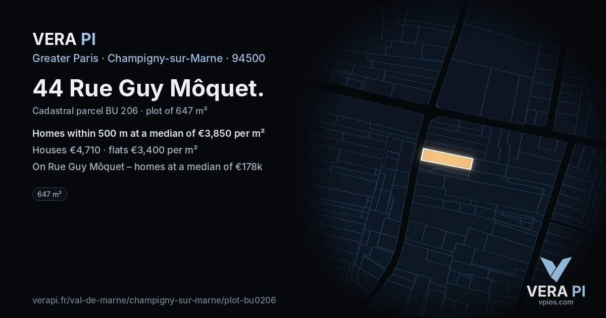 44 Rue Guy Môquet, Champigny-sur-Marne at night – the plot lit, the parcels around coloured by the prices near them
