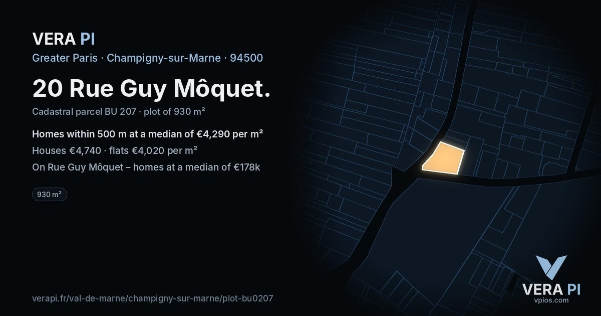 20 Rue Guy Môquet, Champigny-sur-Marne at night – the plot lit, the parcels around coloured by the prices near them