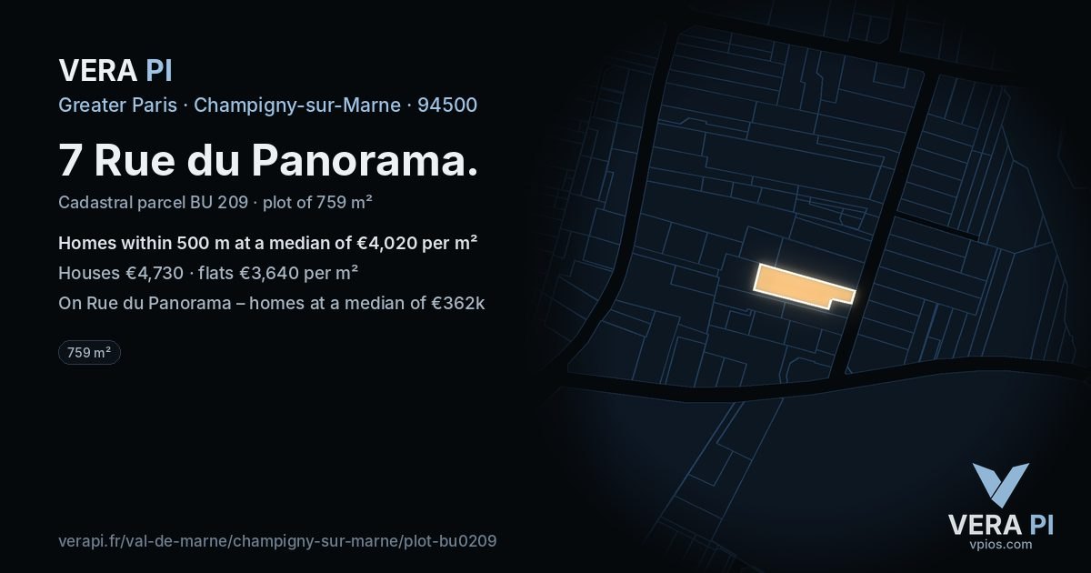 7 Rue du Panorama, Champigny-sur-Marne at night – the plot lit, the parcels around coloured by the prices near them