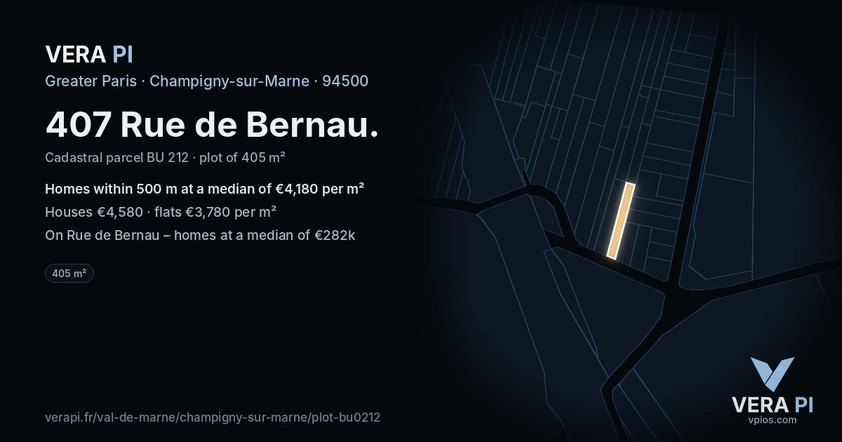 407 Rue de Bernau, Champigny-sur-Marne at night – the plot lit, the parcels around coloured by the prices near them