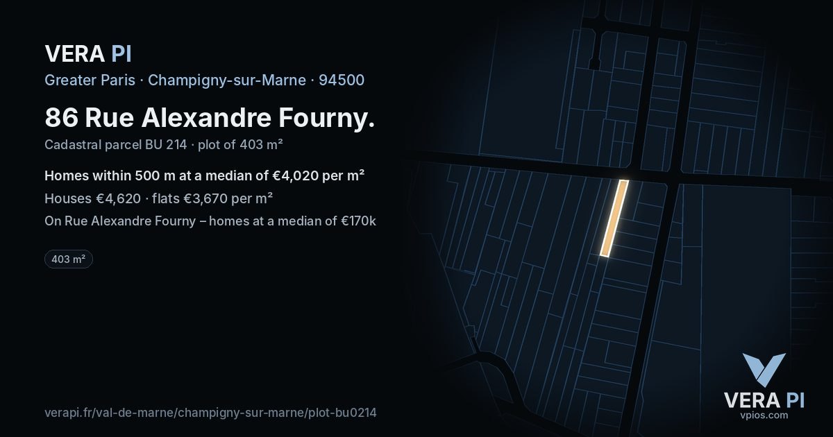 86 Rue Alexandre Fourny, Champigny-sur-Marne at night – the plot lit, the parcels around coloured by the prices near them