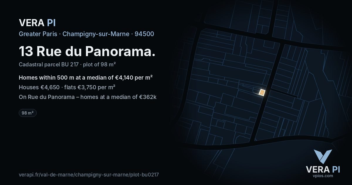 13 Rue du Panorama, Champigny-sur-Marne at night – the plot lit, the parcels around coloured by the prices near them