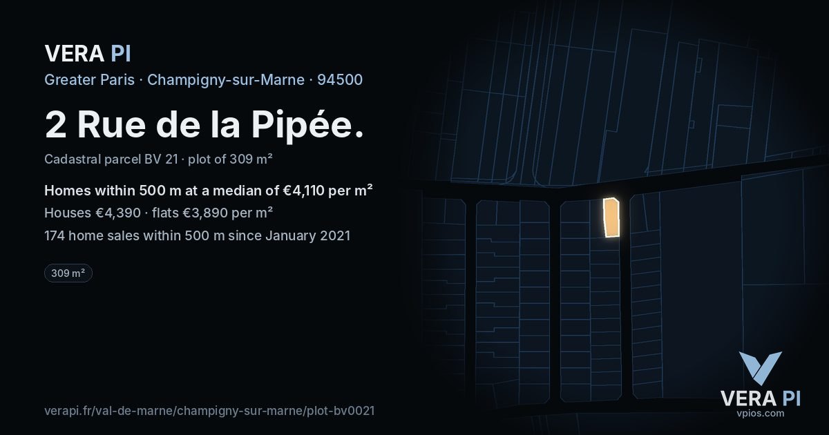 2 Rue de la Pipée, Champigny-sur-Marne at night – the plot lit, the parcels around coloured by the prices near them