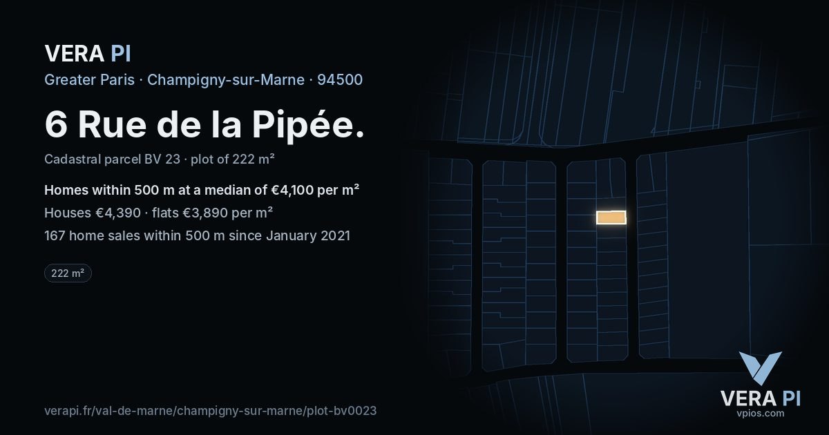 6 Rue de la Pipée, Champigny-sur-Marne at night – the plot lit, the parcels around coloured by the prices near them